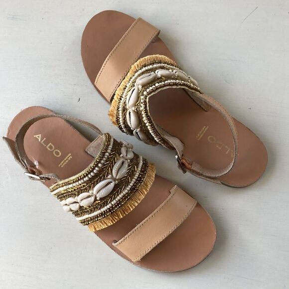 ALDO Belimandra Shell Fringed Beaded Embellish Ankle Strap Flat Sandals Size 6 - Picture 5 of 10